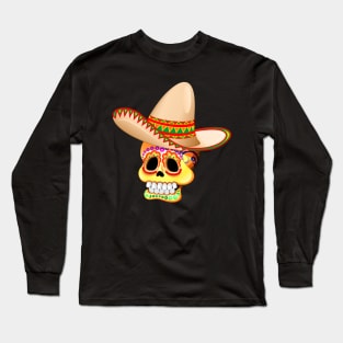 Mexico Sugar Skull with Sombrero Long Sleeve T-Shirt